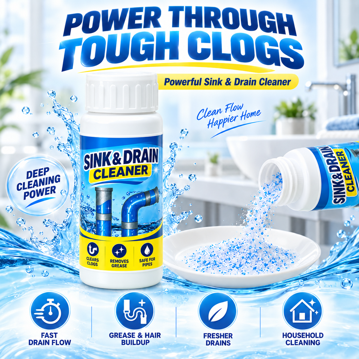 🌀Powerful Drain Cleaner - Household Kitchen & Toilet Anti-Bacterial Pipe Cleaning Agent, 99% Bacteria Kill, Odor-Free, Damage-Free Pipes, Heat Resistant, Dissolves 200+ Blockages Including Hair & Fat, Toilet Clog Fix