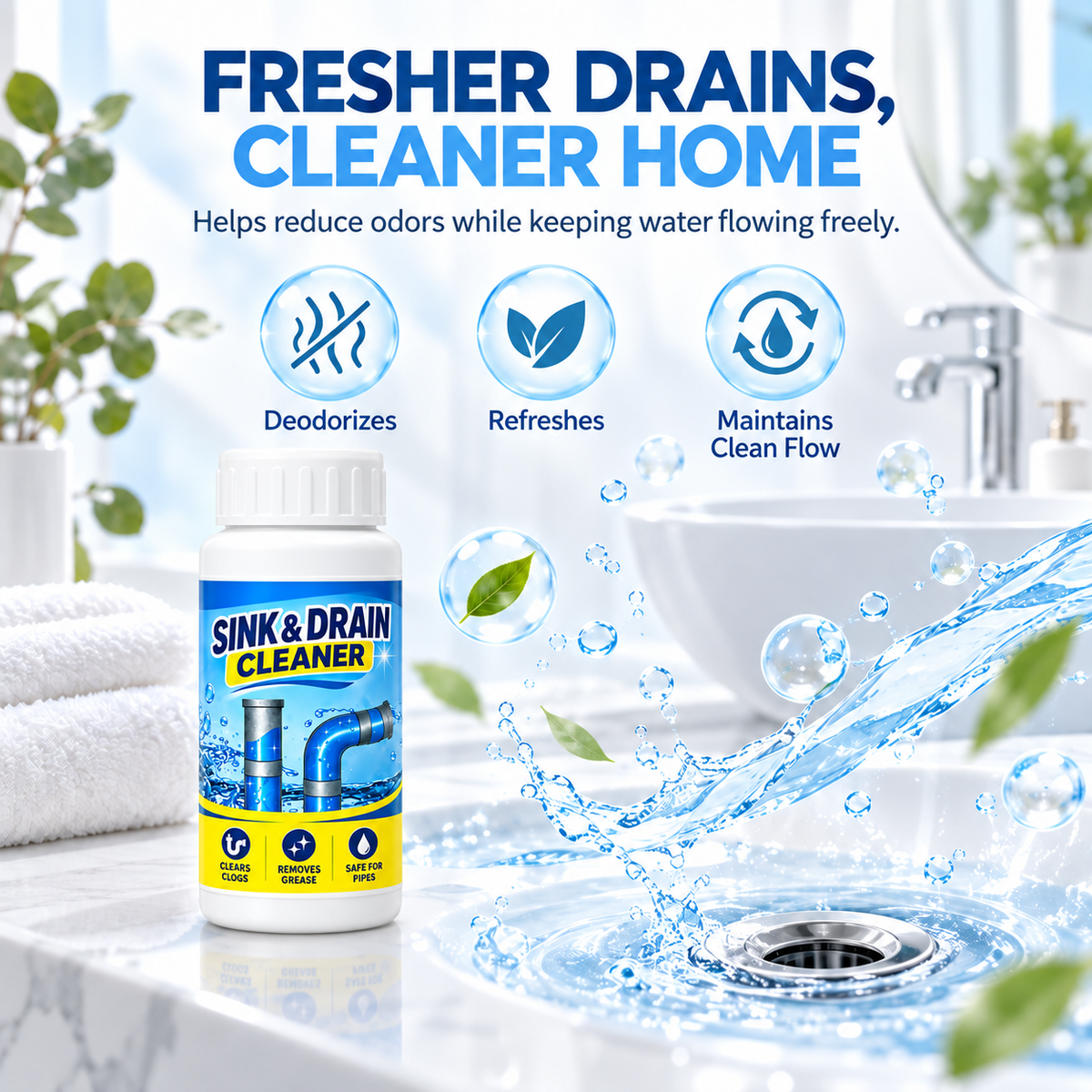 🌀Powerful Drain Cleaner - Household Kitchen & Toilet Anti-Bacterial Pipe Cleaning Agent, 99% Bacteria Kill, Odor-Free, Damage-Free Pipes, Heat Resistant, Dissolves 200+ Blockages Including Hair & Fat, Toilet Clog Fix