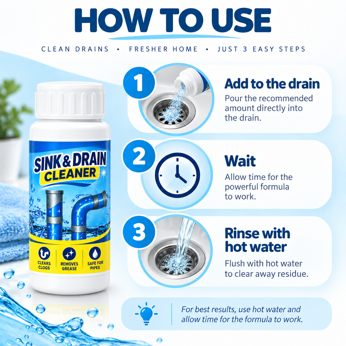 🌀Powerful Drain Cleaner - Household Kitchen & Toilet Anti-Bacterial Pipe Cleaning Agent, 99% Bacteria Kill, Odor-Free, Damage-Free Pipes, Heat Resistant, Dissolves 200+ Blockages Including Hair & Fat, Toilet Clog Fix